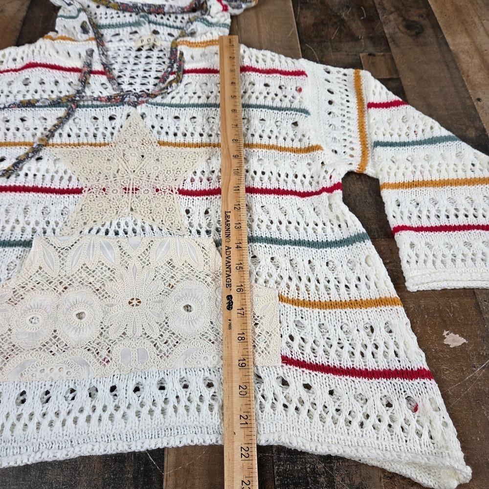 Anthropologie POL Crochet Knit Star Hoodie White Color Stripes Boho Hippie Small - Picture 10 of 11